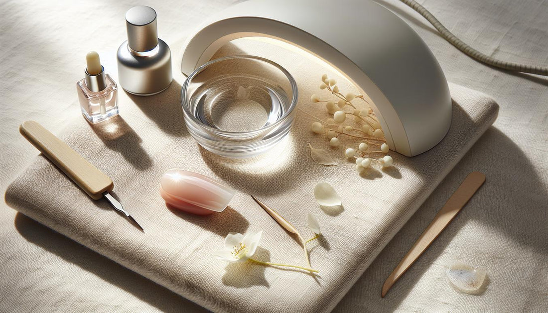 Makroaufnahme: Gepflegter Naturnagel mit glänzendem Soak-off-Gel, Glas-Schale mit Aceton, UV-LED-Minilampe und Nagelölfläschchen auf hellem Stoff, minimalistisch.