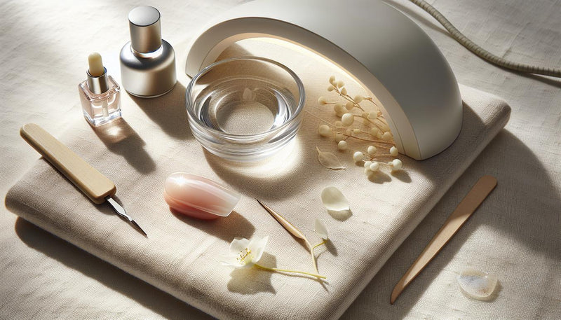 Makroaufnahme: Gepflegter Naturnagel mit glänzendem Soak-off-Gel, Glas-Schale mit Aceton, UV-LED-Minilampe und Nagelölfläschchen auf hellem Stoff, minimalistisch.
