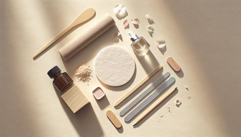 Flatlay: Wattepads, braune Glasflasche, Alufolienstreifen, Rosenholzstäbchen, Glasfeile und Nagelöl-Fläschchen auf hellem Holz – minimalistisch, NailX-Stil.