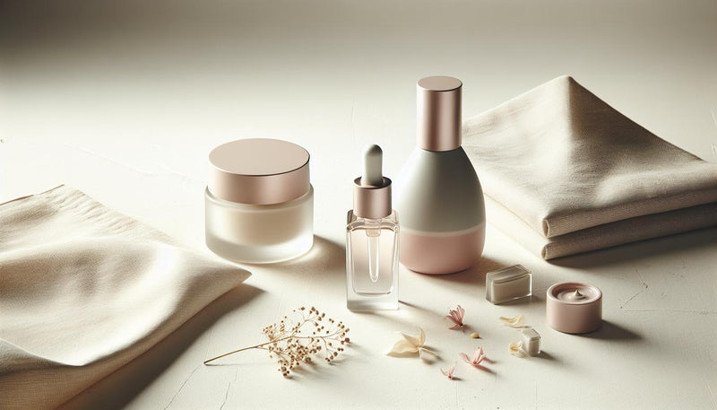 Elegante minimalistische Nagelpflegemittel auf heller Birkenholz-Oberfläche mit getrockneten Blütenblättern, natürlichem Tageslicht und viel Weißraum.