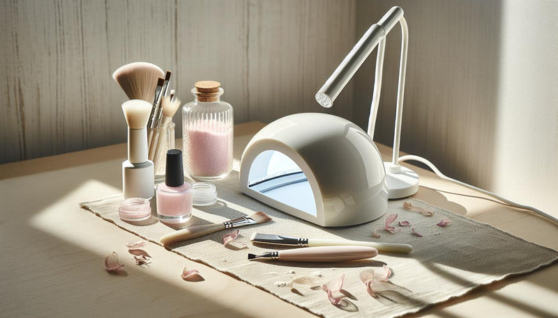 Minimalistische Nahaufnahme einer hellen Nagelstation mit UV-Lampe, Gel-Tiegeln, Feile, Pinsel und rosigen Blüten, ruhig auf Birkenholz arrangiert.