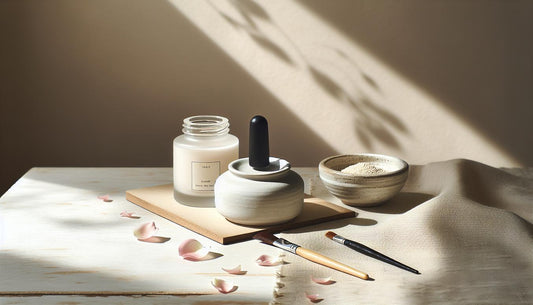 Nahaufnahme von minimalistisch arrangierten Nagelpflege-Utensilien auf hellem Birkenholztisch mit zarten rosa Blütenblättern und weichem Tageslicht.