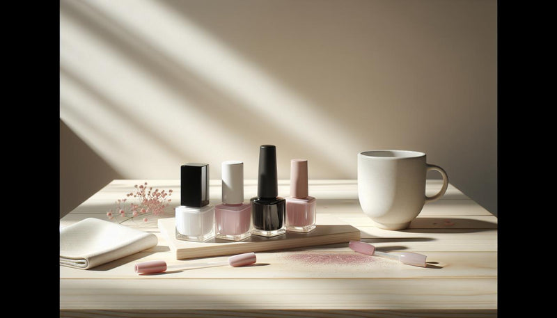 Nahaufnahme von drei Shellac-Flaschen auf hellem Holz mit dezenten rosa Blütenblättern und Keramikbecher in minimalistischem Nagelstudio.