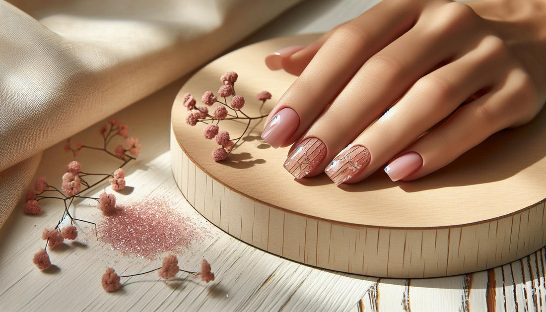 Nahaufnahme kurzer Gelnägel mit zarten Linien und dezenten pinken Glitzereffekten auf heller Holzoberfläche, minimalistisch und feminin gestaltet.