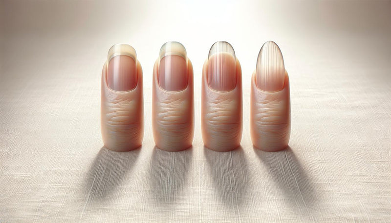 Drei realistische Fingernägel nebeneinander: gesunder, gerillter und löffelförmiger Nagel auf hellem, minimalistischem Hintergrund, luftige Komposition.