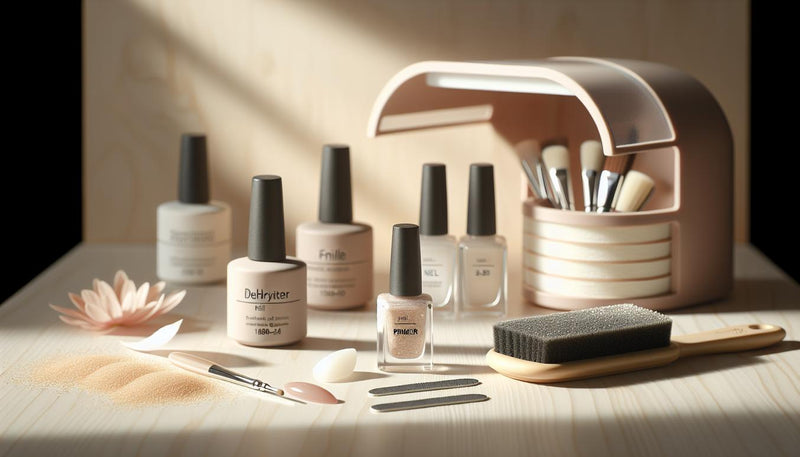 Minimalistischer, ordentlicher Nail-Workspace mit mattem Nageltip, Buffer, Pads, Glasfläschchen und UV-Lampe im weichen Tageslicht auf heller Holzfläche.