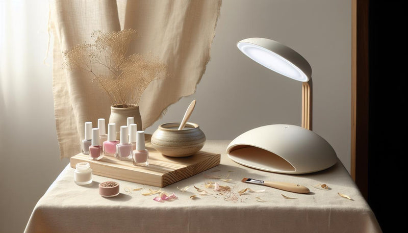 Eleganter Nageldesign-Arbeitsplatz mit offenem UV-Gel im Steinzeugtiegel, UV-Lampe und pastellfarbenen Nagellacken auf hellem Holz und Leinen.
