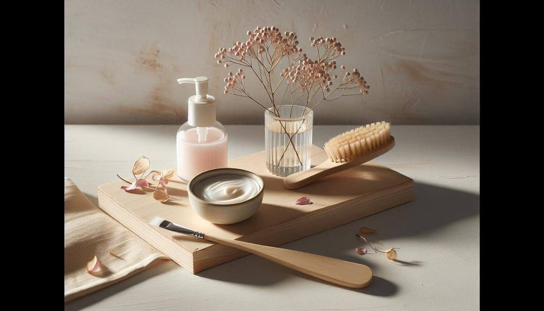 Minimalistischer Nagelpflege-Arbeitsplatz mit offenem Handbalsam, rosafarbenem Nagelpinsel, Keramikschale mit getrockneten Blüten, hellem Birkenholz und weichem Tageslicht.