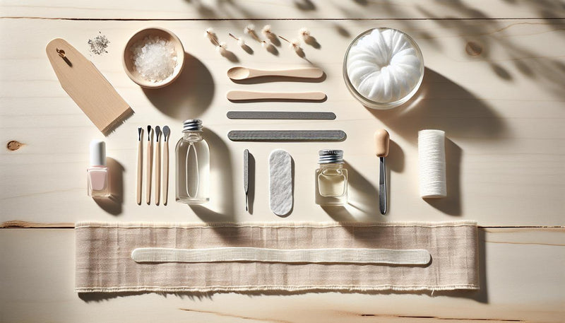 Hochwertiges Flatlay auf hellem Holz: Glasflasche, Alufolienstreifen, Wattepads, Holzschieber, Nagelfeile, Glasnapf, dezente Ölflasche – minimalistisch und ästhetisch.