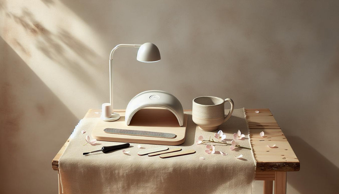 Elegantes DIY-Nageldesign-Setup mit French Nail Kit, UV-Lampe und Nagelfeilen auf hellem Birkenholztisch vor weißer Wand in minimalistischem, femininem Stil.