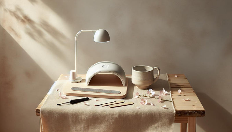 Elegantes DIY-Nageldesign-Setup mit French Nail Kit, UV-Lampe und Nagelfeilen auf hellem Birkenholztisch vor weißer Wand in minimalistischem, femininem Stil.