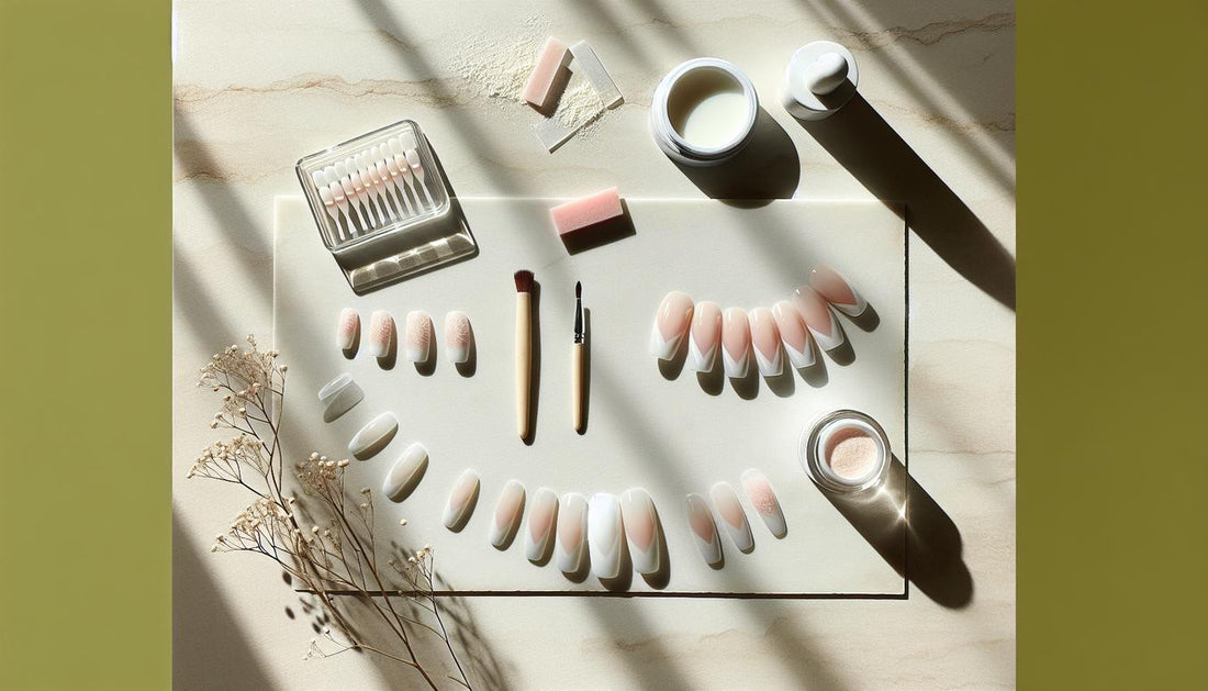 Zwei Reihen Musternägel auf hellem Stein, French Tips & Babyboomer-Design, daneben offene Gel-Tiegel, Liner-Pinsel, Schwämmchen, minimalistisch, NailX-Ästhetik.