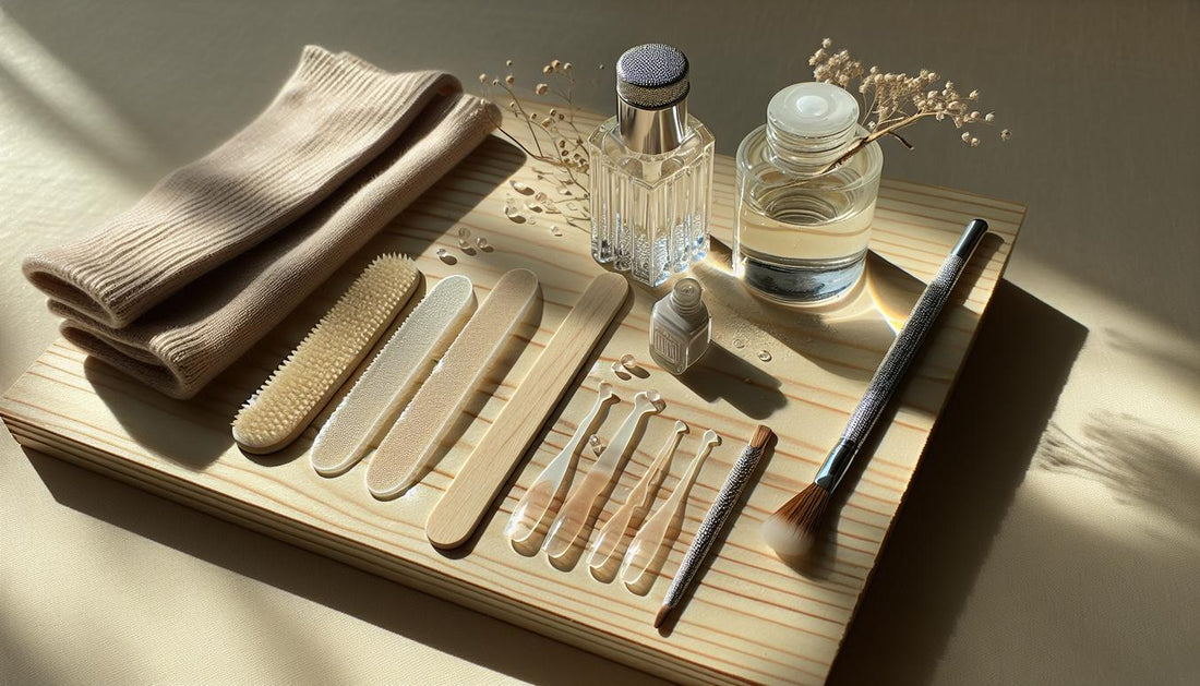Luftiges Flatlay auf hellem Holz: Nagelfeile, Glas-Nagelöl, dünner Pinsel, Baumwollhandschuhe und transparente Nagel-Tips mit weißen Mustern, ruhige Studioatmosphäre.