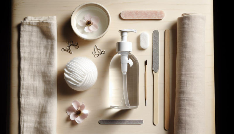 Stilvolles Flatlay: Pumpflasche, Wattepads, Alufolie, Remover-Clips in Pink, Schale Wasser, gerolltes Handtuch, Feile und Rosenholzstäbchen auf hellem Untergrund.