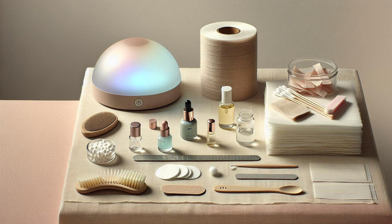 Flatlay mit UV-LED-Minilampe, Glasnagelfeile, Holzstäbchen, Base-/Top-Gel, Cuticle-Öl, Wattepads und Remover-Wraps auf hellem Leinen, NailX-Stil.
