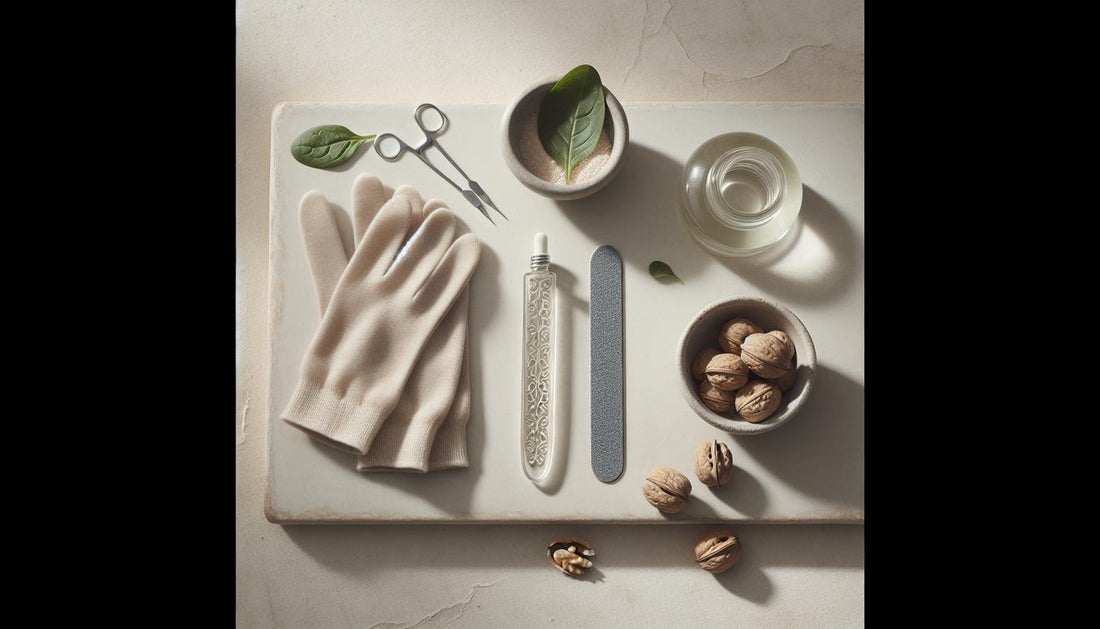 Ästhetisches Flatlay: Glasnagelfeile, Nagelölflasche, Baumwollhandschuhe, Walnüsse und Spinatblätter auf heller Keramik, ruhige minimalistische Szene.
