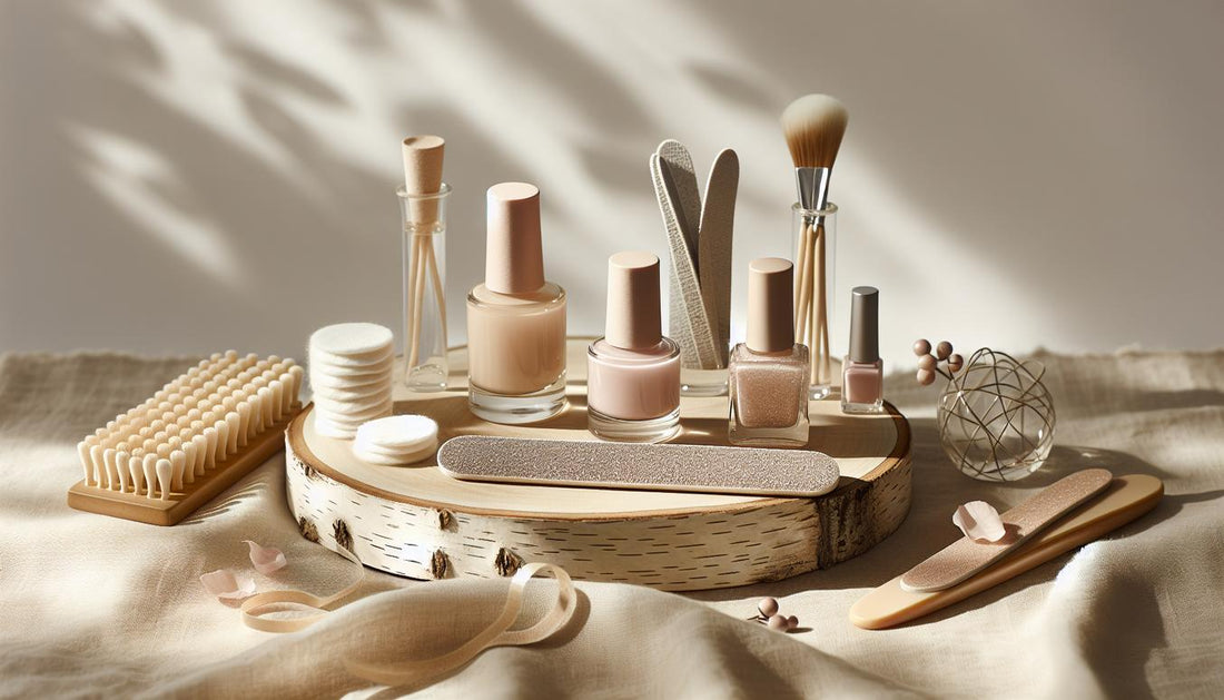 Minimalistisches Flatlay: Buffer, Nagelfeile, Base- und Top-Coat, neutrale Nagellacke, Folienstreifen, Wattepads, Cuticle-Öl, Gel-Tips auf hellem Holz mit Weißraum.