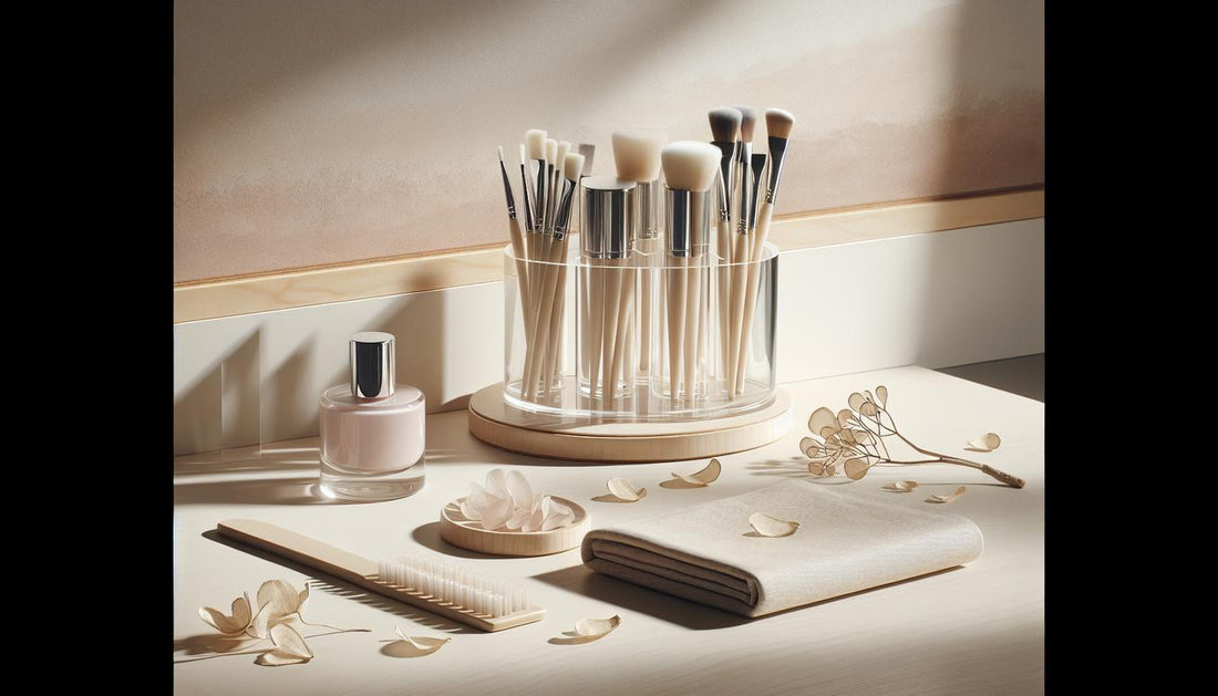 Modernes Nagelstudio mit French Maniküre Display auf hellem Birkenholz, minimalistisch, elegant, natürliche Lichtstimmung, zarte pinke Blütenblätter, ruhige Atmosphäre
