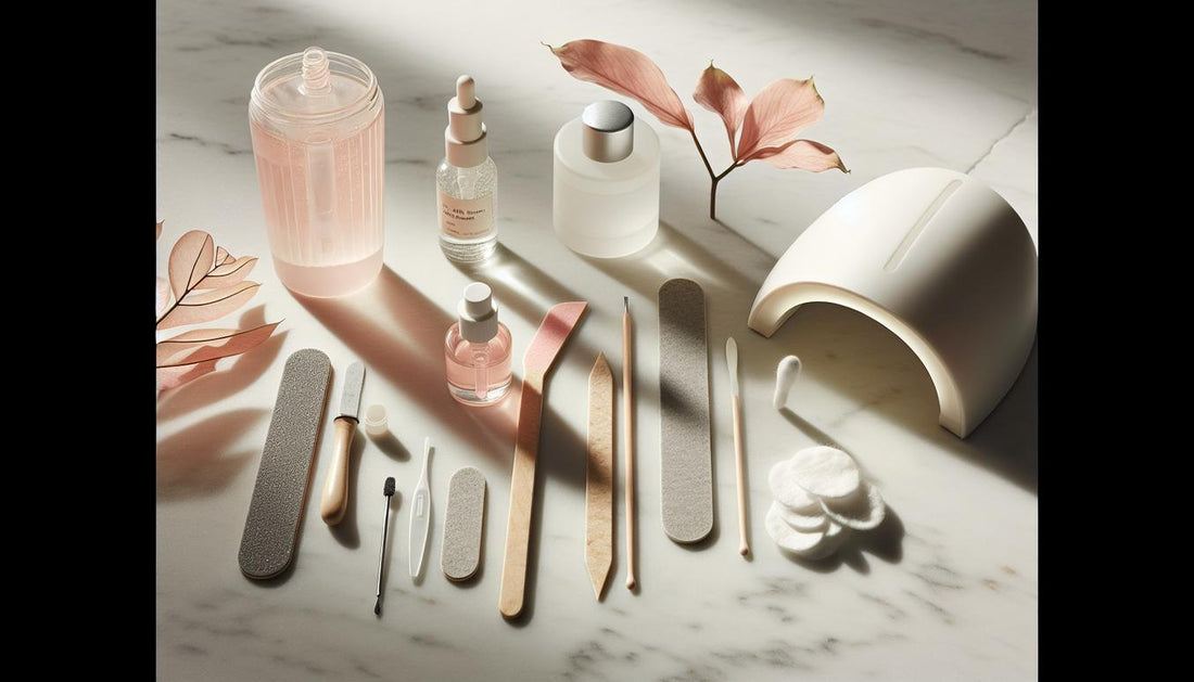 Modernes Maniküre-Set mit UV-Lampe, Acetonfläschchen, Nagelfeile, Jojobaöl, Orangenstäbchen, Baumwollpads und Alufolie auf hellem Marmor, minimalistisch arrangiert.