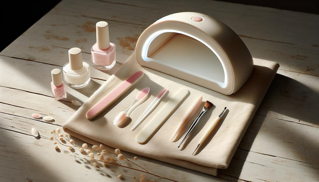 Stimmungsvolles Stillleben: Maniküre-Tools, UV-Lampe, zwei Nail Tips und Gel-Döschen auf heller Oberfläche, minimalistisch, ruhig, natürlicher NailX-Look.