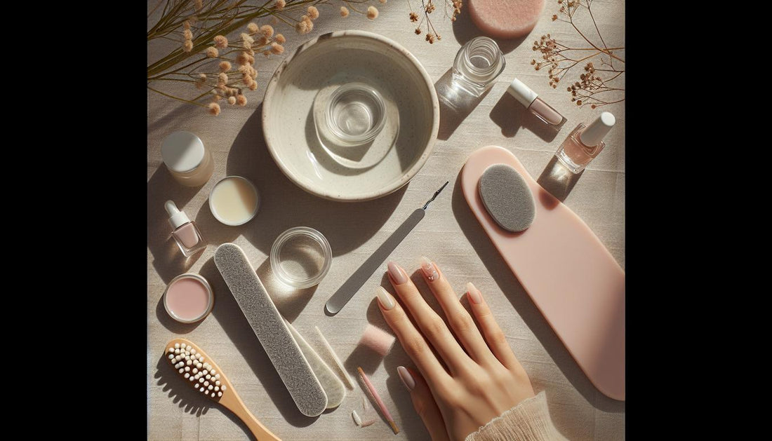 Maniküre-Flatlay mit Glasnagelfeile, Cuticle-Öl, Polierfeile, Wasserschale und Nail-Tips auf hellem Leinen, minimalistisch, freundlich und feminin arrangiert.