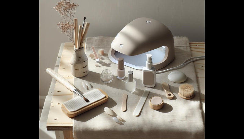Modernes Flatlay mit UV-Lampe, Gel-Tiegeln, Feile, Buffer, Holzstäbchen und weißen Tips auf Birkenholz und Leinen – minimalistisch, feminin, NailX-Stil.