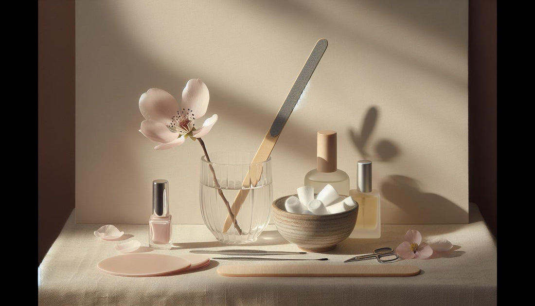 Luftiges Stillleben: Glasfeile, Holzstäbchen, Schale mit Wattepads und Folie, Base/Top-Coat-Fläschchen und Cuticle-Öl auf beigem Leinentuch im Tageslicht.