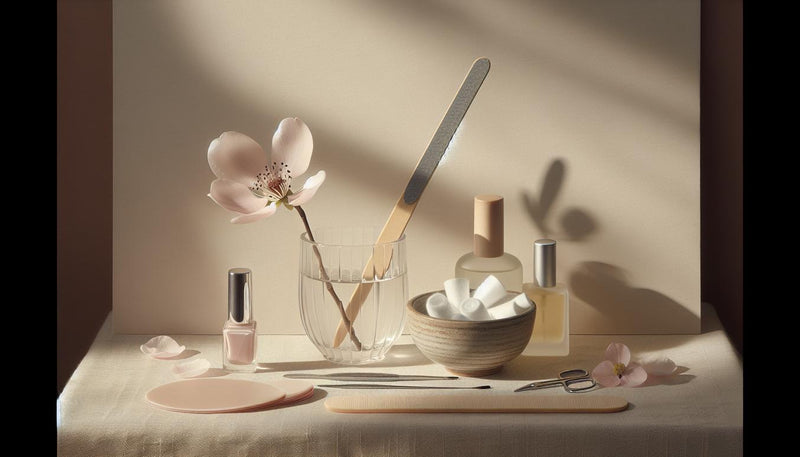 Luftiges Stillleben: Glasfeile, Holzstäbchen, Schale mit Wattepads und Folie, Base/Top-Coat-Fläschchen und Cuticle-Öl auf beigem Leinentuch im Tageslicht.