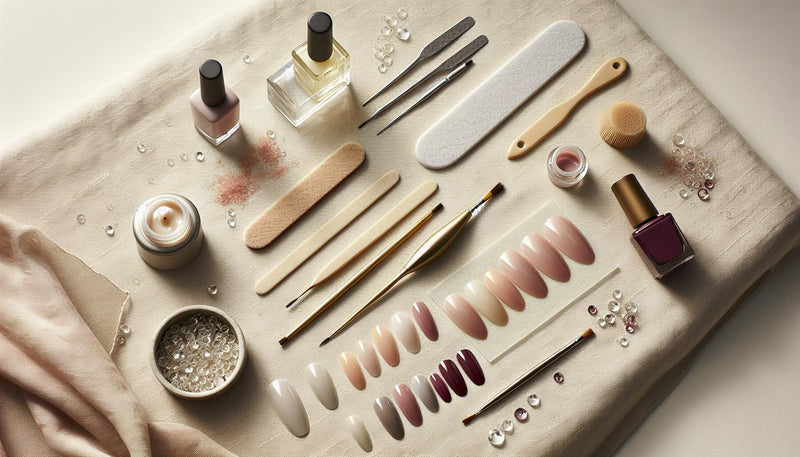 Helles Flatlay mit Feile, Buffer, Cuticle-Öl, UV-Lampe, Nude- und Beerenton-Gellack, goldener Liner, Strass-Steinchen und Muster-Tips vor Leinenstruktur.