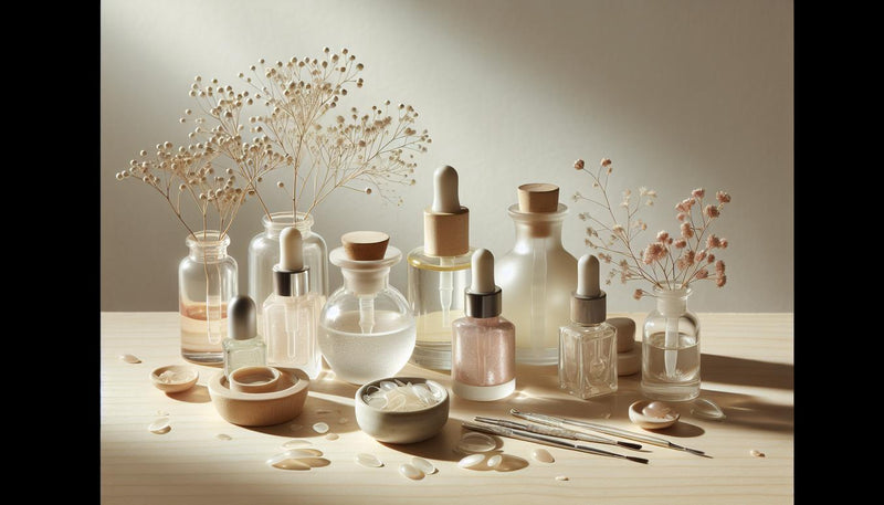 Minimalistisches Nageldesign-Setup mit säurefreien Primern und Nagelölen auf hellem Birkenholz mit zarten Pinkblütenblättern und natürlichem Tageslicht.