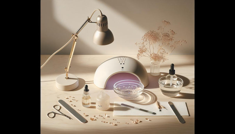Minimalistisches Nagel-Stillleben mit UV-Lampe, Soak-off-Gel, Aceton, Cuticle-Öl, Pads und Werkzeugen auf hellem Holz – ästhetisch, feminin, ordentlich.