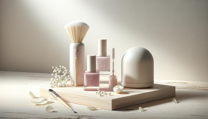 Minimalistisches Arrangement von buntem Nagellack, Nagelpinsel und UV-Lampe auf hellem Holztisch mit weißen Blütenblättern in hellem, ruhigem Licht.