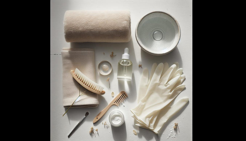 Nagelöl-Glasfläschchen, beiges Handtuch, Keramikschale mit Wasser, Holz-Nagelbürste und weiße Nitrilhandschuhe auf hellem Holz, ruhig und minimalistisch arrangiert.