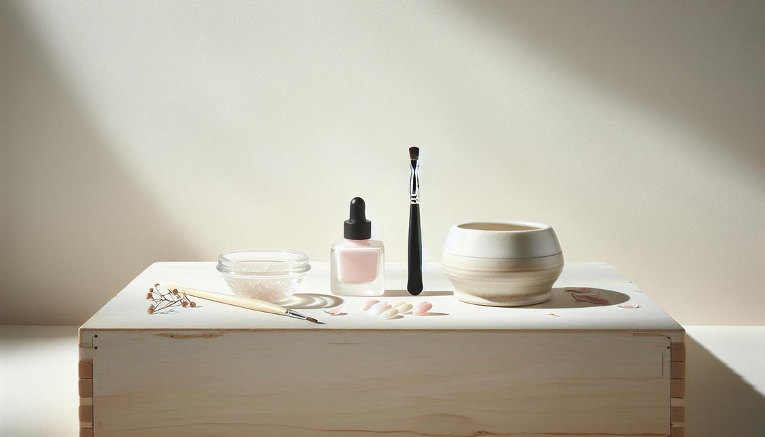 Minimalistisches Nagelpflege-Set auf hellem Holz mit UV-Gel, Nailart-Pinsel und Keramikschale, akzentuiert durch rosa Blütenblätter vor weißem Hintergrund.