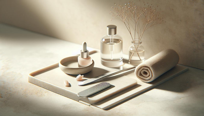 Macroaufnahme eines minimalistischen Nagelpflege-Sets mit Glasnagelfeile, Nagelöl, Baumwollhandtuch und Keramikteller mit zwei Nagel-Tips auf heller Oberfläche.