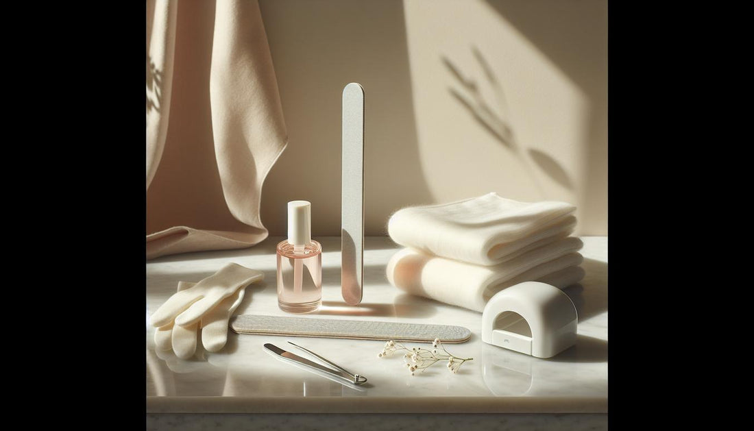 Stilvolles Nageldesign-Stillleben mit Glasnagelfeile, Nagelöl, Baumwollhandschuhen und UV-Lampe auf Marmor, hell und minimalistisch arrangiert.