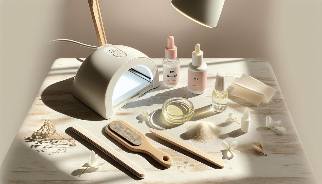 Luftiges Flatlay: UV-Nagellampe, Gel-Fläschchen, Feile, Holzstäbchen, Remover-Folie und Glas-Schälchen mit Nagelöl auf hellem Holztisch im Tageslicht.