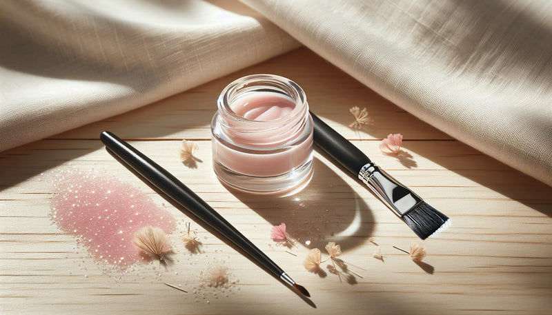 Minimalistisches Nagelstudio-Set mit offenem Roségel, Nailart-Pinsel auf heller Birkenholz-Oberfläche und dezenter Blütendeko in NailX-Farben.
