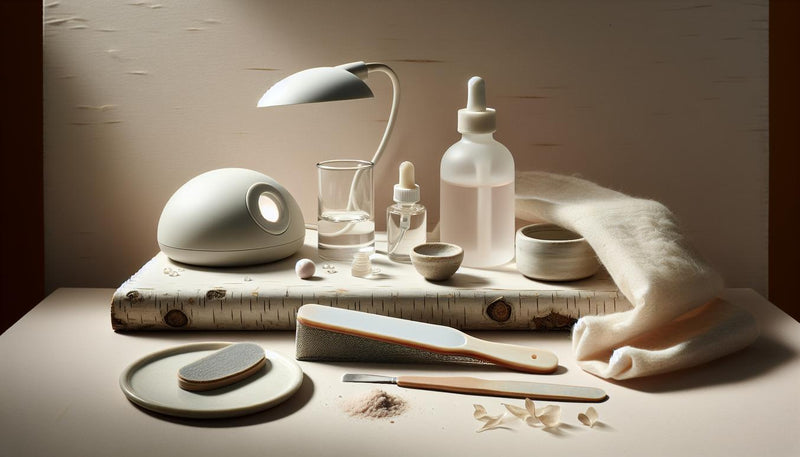 Minimalistisches Stillleben: UV-Mini-Lampe, Gel-Fläschchen, Glasfeile, Cuticle-Öl, Baumwolltuch, Keramikschale auf hellem Stein. Luftig, NailX-Farben, Tageslicht.