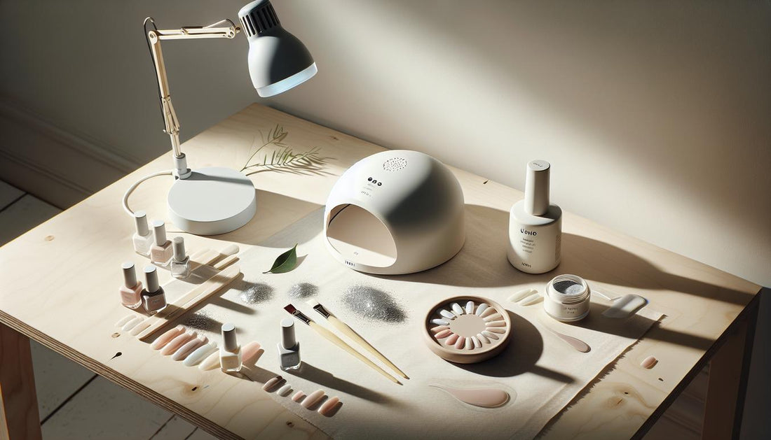 Studio-Flatlay mit UV/LED-Lampe, Base- und Top-Gel, Nailart-Pinsel, Chrome-Puder und Nail-Tips in Nude- und Weißtönen minimalistisch arrangiert, modernes Licht.
