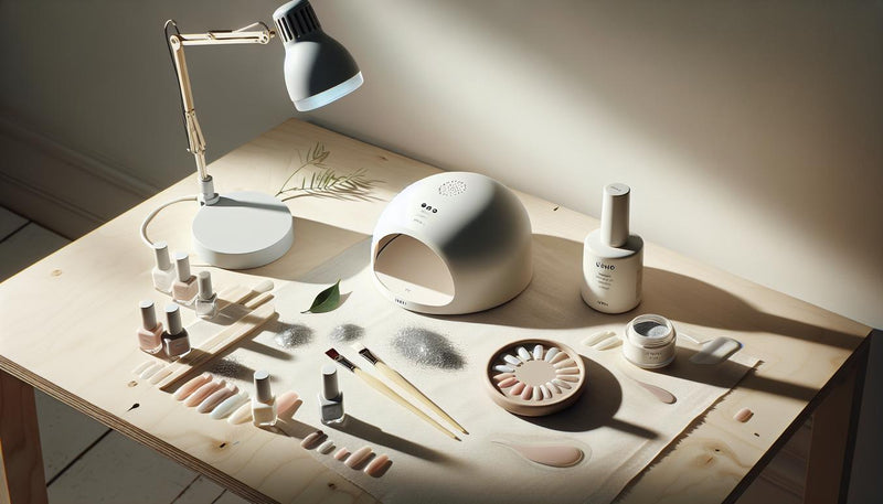 Studio-Flatlay mit UV/LED-Lampe, Base- und Top-Gel, Nailart-Pinsel, Chrome-Puder und Nail-Tips in Nude- und Weißtönen minimalistisch arrangiert, modernes Licht.