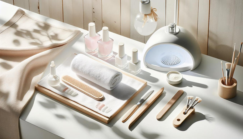 Minimalistisches Pediküre-Setting mit UV-Lampe, offenen Gel-Fläschchen und Tools auf hellem Handtuch, natürliche Tageslichtstimmung, sanfte Farben.