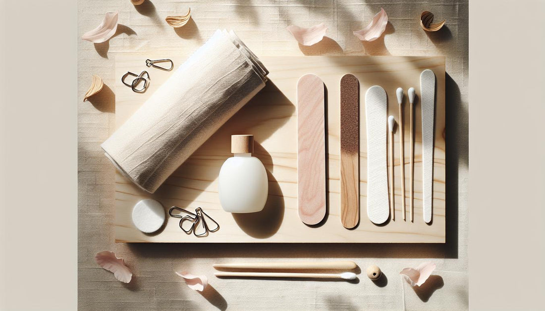 Flatlay auf Leinenhandtuch mit Nagelfeile, Rosenholzstäbchen, fusselfreien Pads, neutraler Removerflasche und Remover-Clips; minimalistisches, helles Spa-Stillleben.