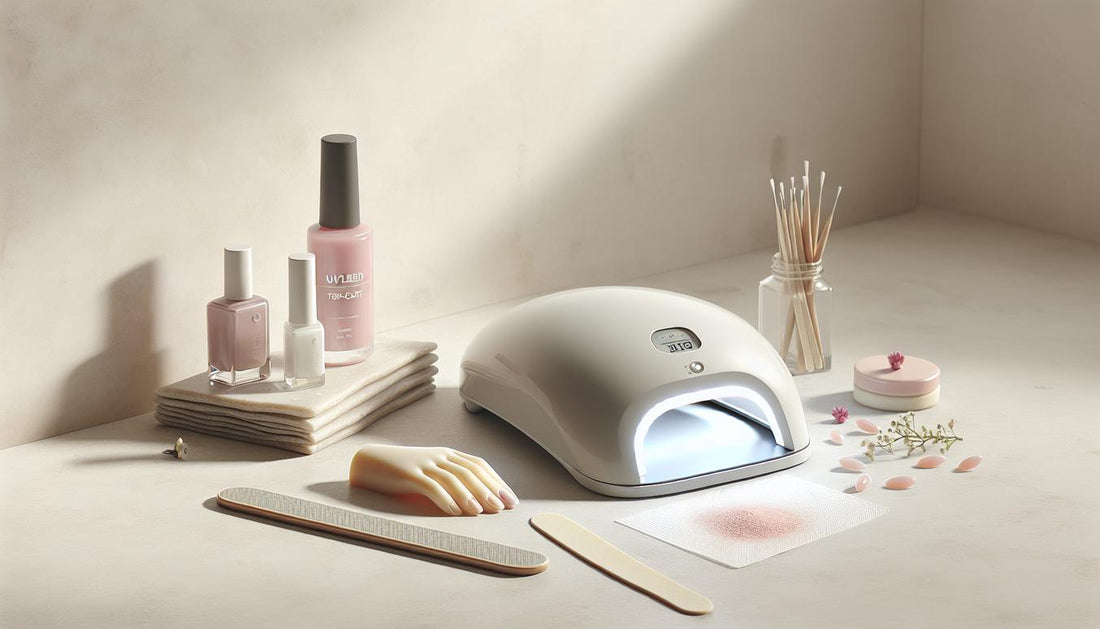 UV/LED-Nagellampe, Base- und Top-Coat-Fläschchen, Feile, Holzstäbchen, Pads und lackierte Zehen-Form auf heller Steinfläche, minimalistisch, gepflegt, NailX-Look.