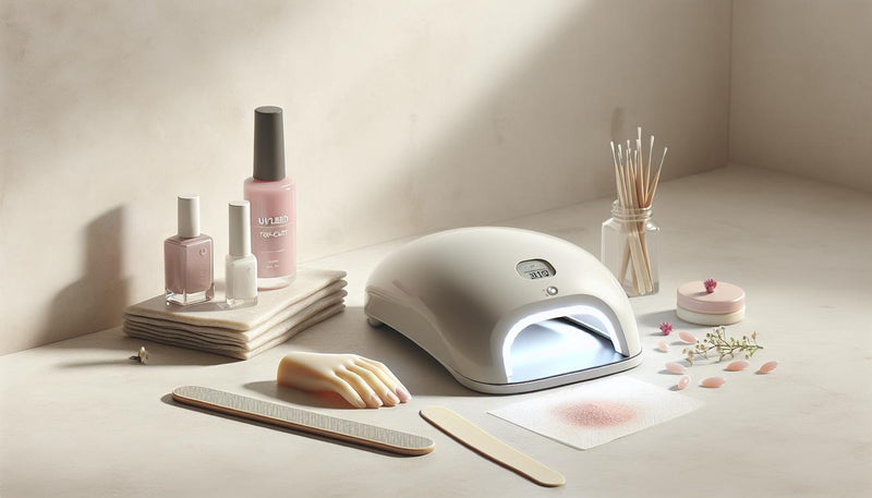 UV/LED-Nagellampe, Base- und Top-Coat-Fläschchen, Feile, Holzstäbchen, Pads und lackierte Zehen-Form auf heller Steinfläche, minimalistisch, gepflegt, NailX-Look.