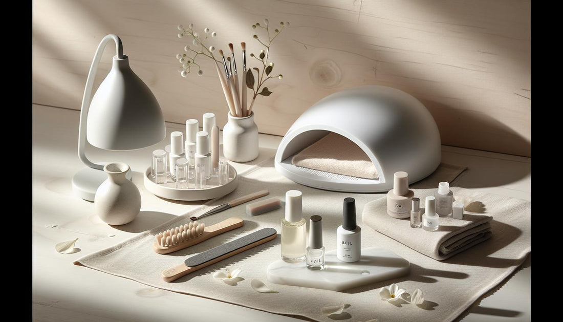 Stilvolles Pediküre-Stillleben: UV/LED-Lampe, Softgel-Tips, Gel-Fläschchen, Feile, Buffer, kleines Glas mit Nagelöl auf hellem Tuch; minimalistisch, hell.