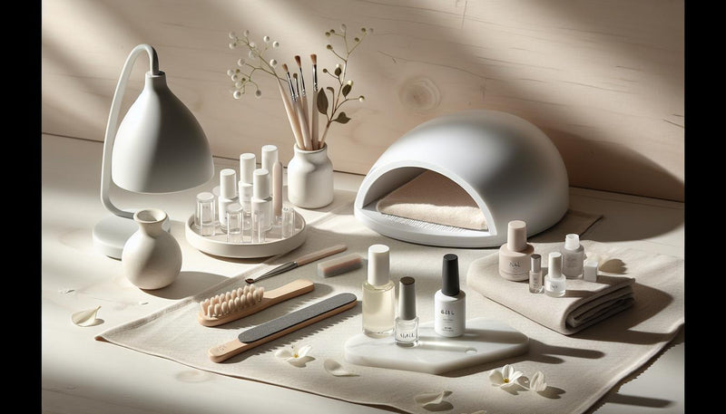 Stilvolles Pediküre-Stillleben: UV/LED-Lampe, Softgel-Tips, Gel-Fläschchen, Feile, Buffer, kleines Glas mit Nagelöl auf hellem Tuch; minimalistisch, hell.