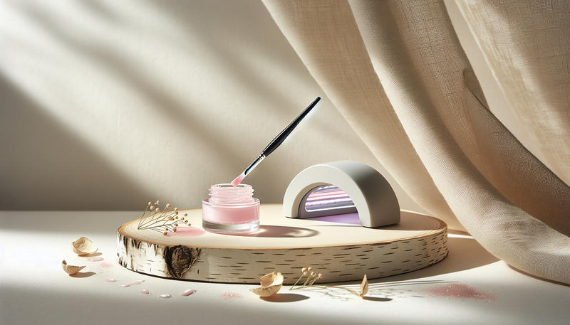 Minimalistisches Stillleben mit offenem UV-Gel, Nailart-Pinsel und minimalistisch leuchtendem UV-Licht auf hellem Birkenholz und beigem Leinenstoff.