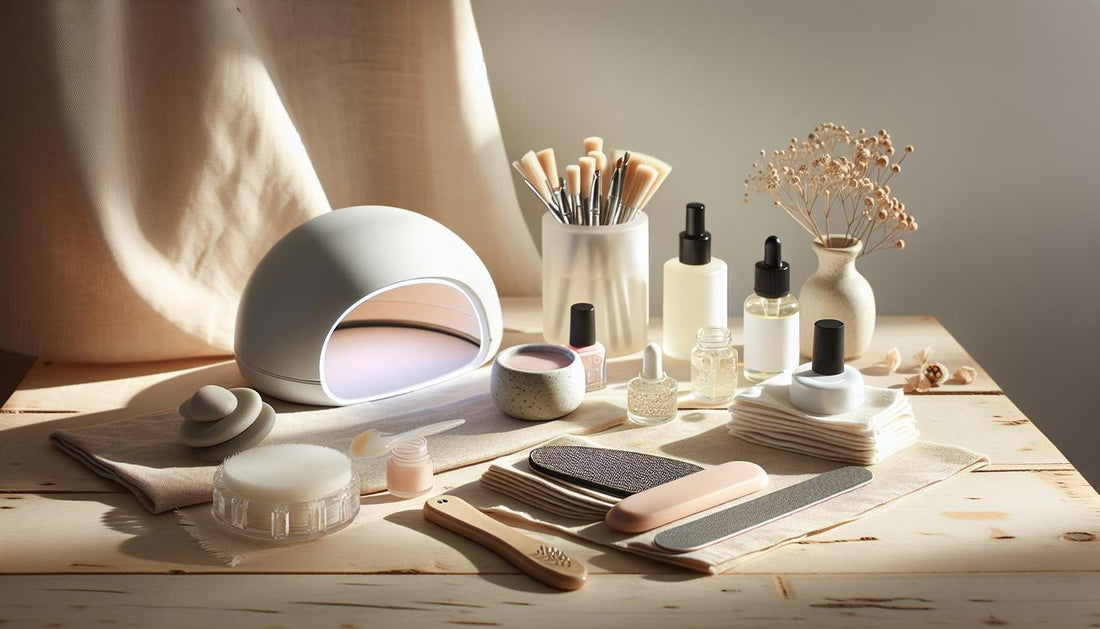 Modernes Flat-Lay mit UV-Nagellampe, Gel-Tiegel, Feile, Buffer, Glasfläschchen, Pads und Nagelöl auf hellem Holz, zarte Blütenblätter, natürliches Licht.