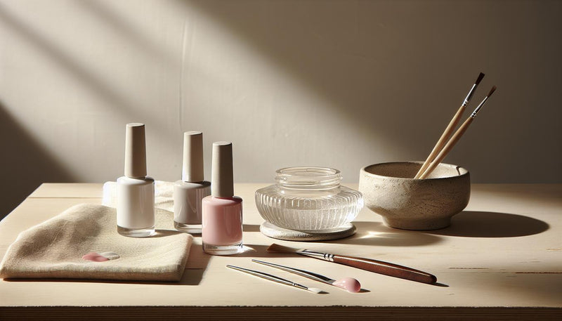 Minimalistischer Nagelarbeitsplatz mit UV-Gel-Flaschen in Weiß und Pink auf hellem Birkenholz, sanftem Tageslicht und dezenter Deko für ein elegantes NailX-Design.